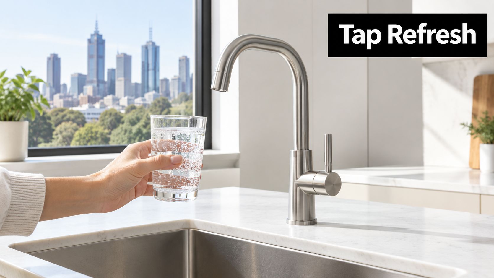 A hand holds a glass of sparkling water near a modern stainless steel kitchen sink faucet.