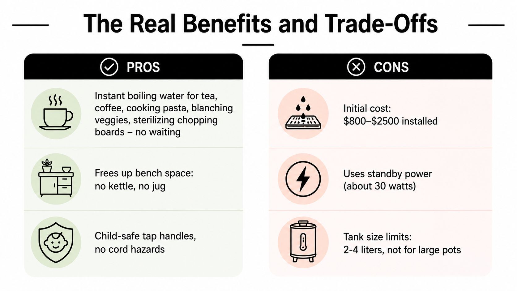 A comparison chart highlighting the benefits and trade-offs of using an under-sink boiling water system.
