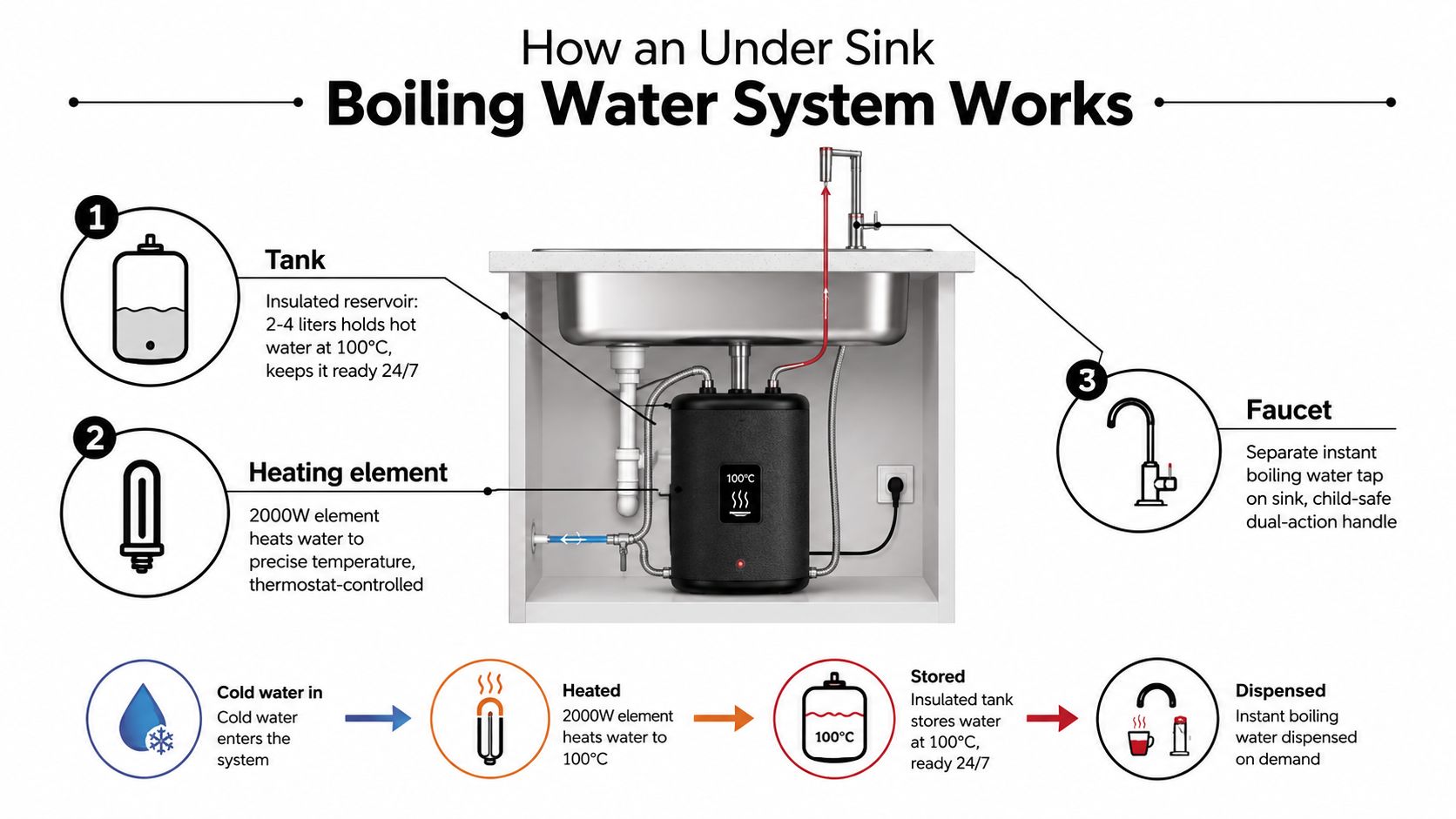 A diagram illustrating the components and operating process of an under sink boiling water system.