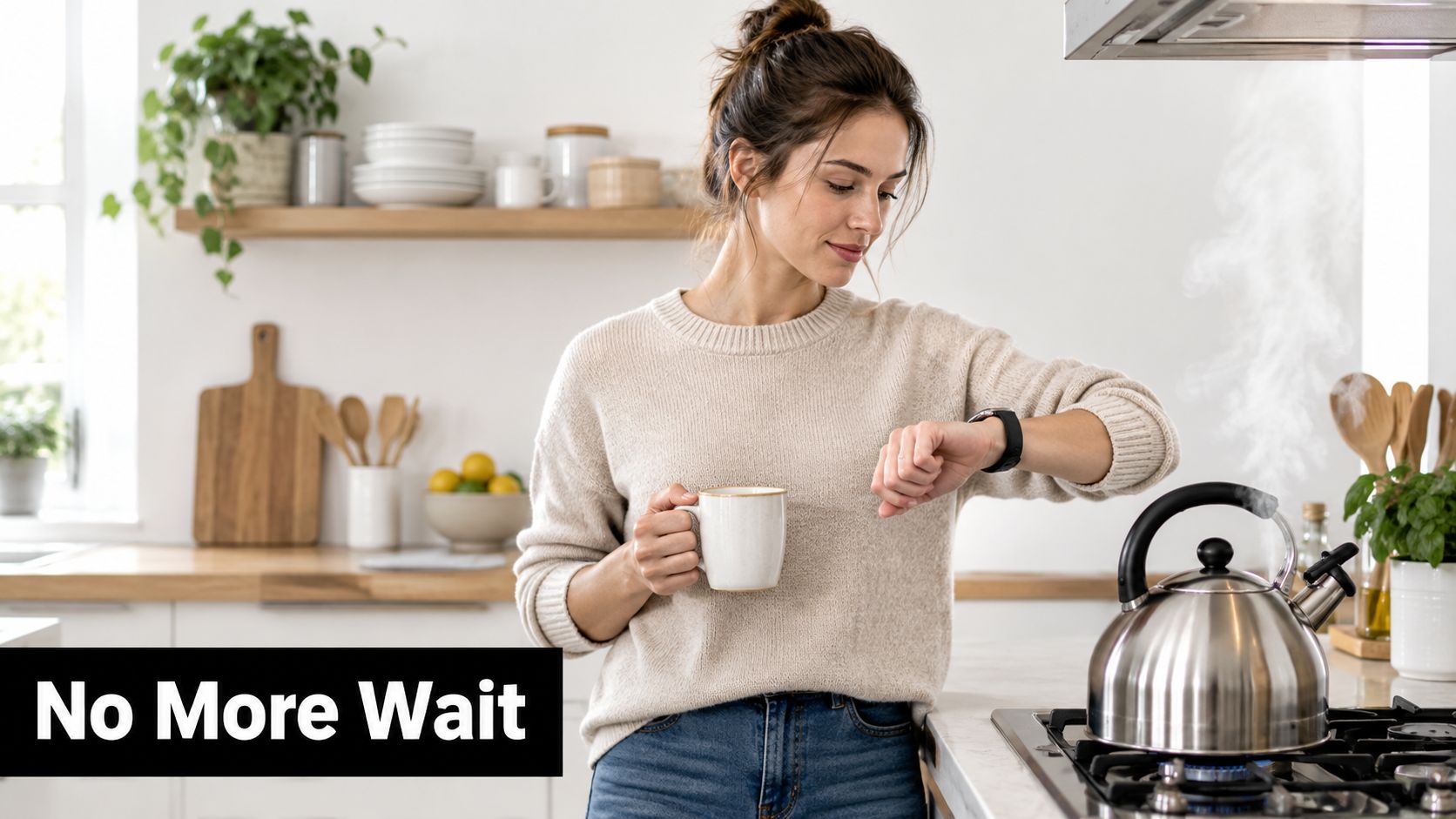 A woman holding a coffee mug while checking her watch near a steaming kettle on the stove.