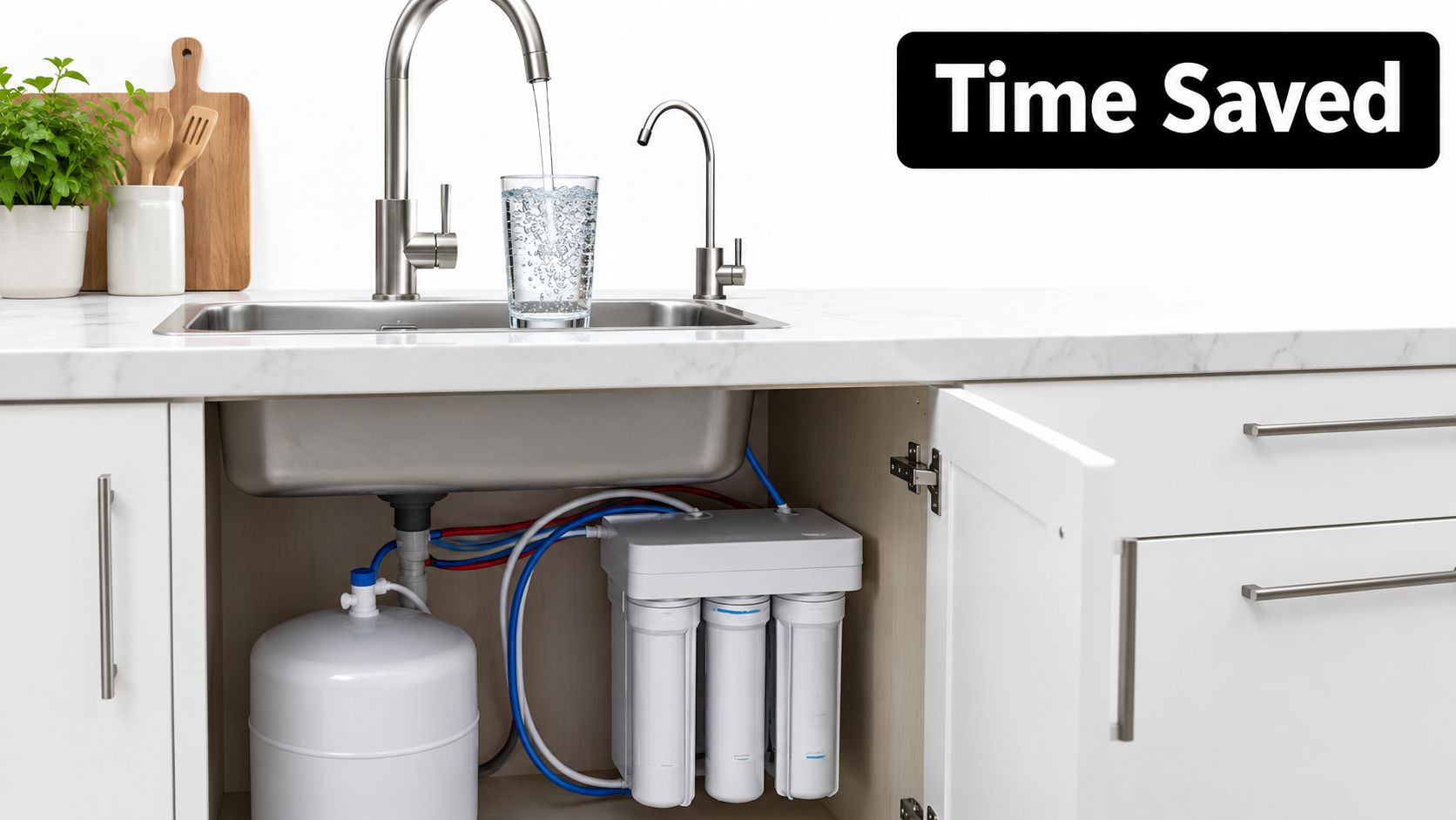 A modern kitchen sink with an installed under-sink reverse osmosis water filtration system and storage tank.