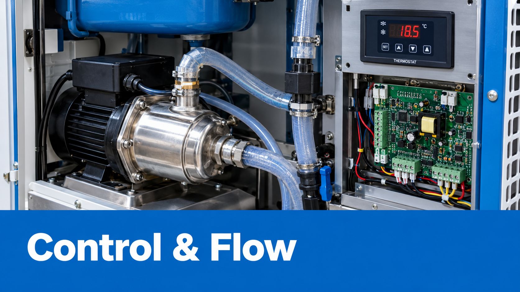 A close-up of the internal mechanical and electronic components of an industrial water chiller system.