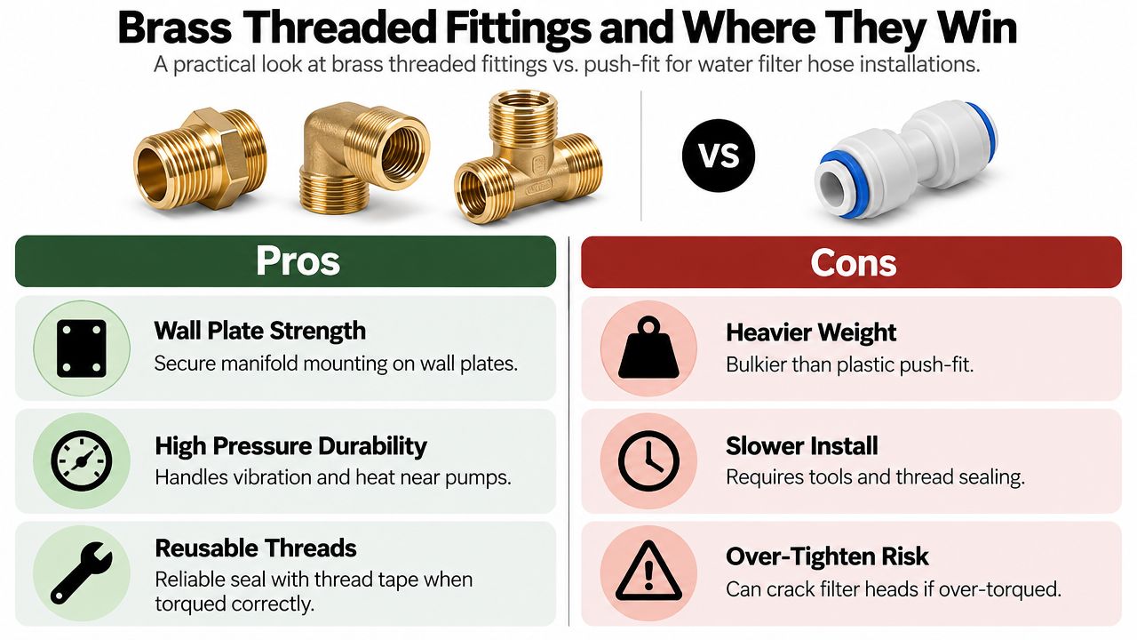 A comparative chart showing the pros and cons of brass threaded fittings versus push-fit water filter connections.
