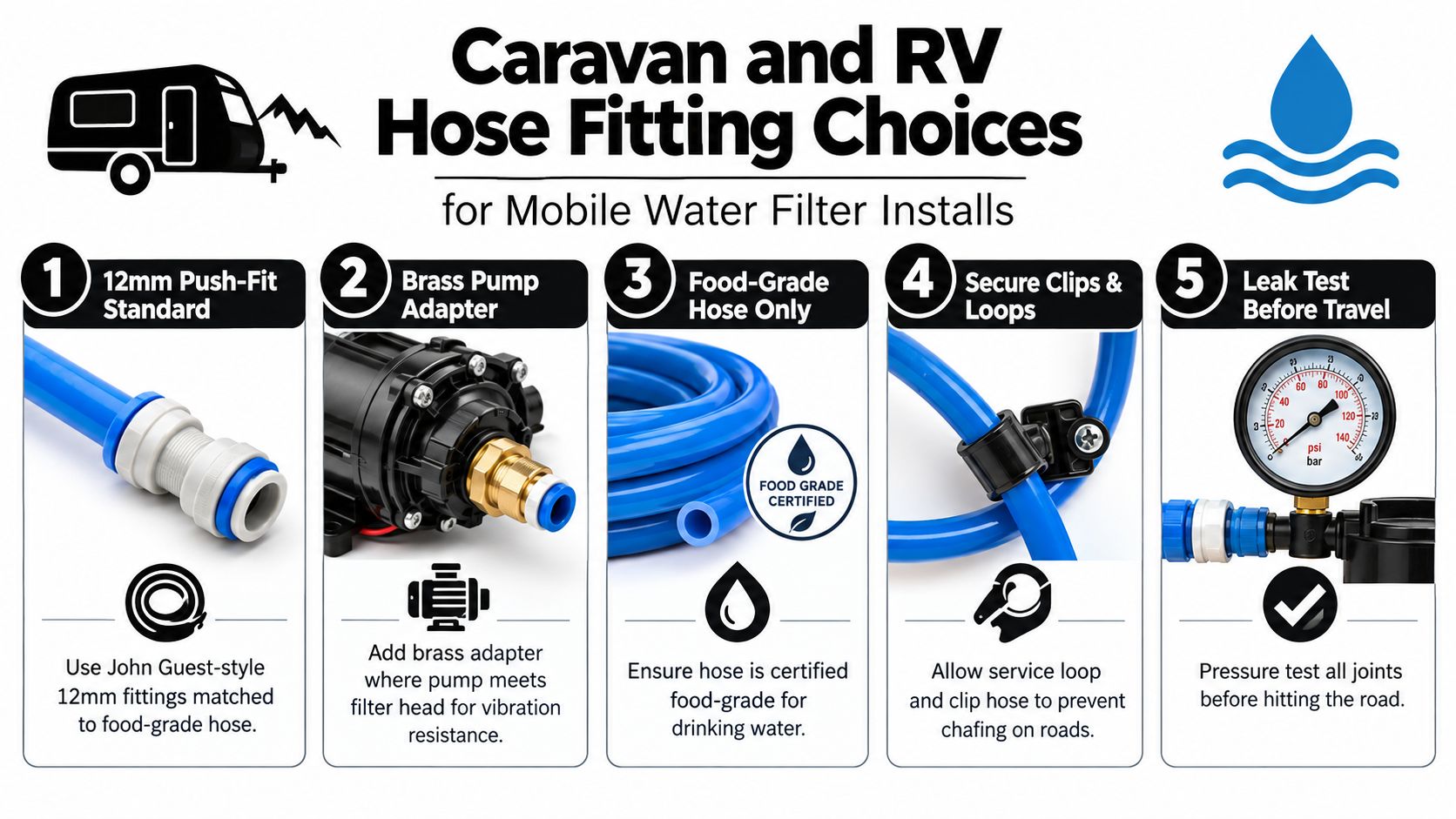 A five-step instructional guide for installing mobile water filter hose fittings in caravans and RVs.