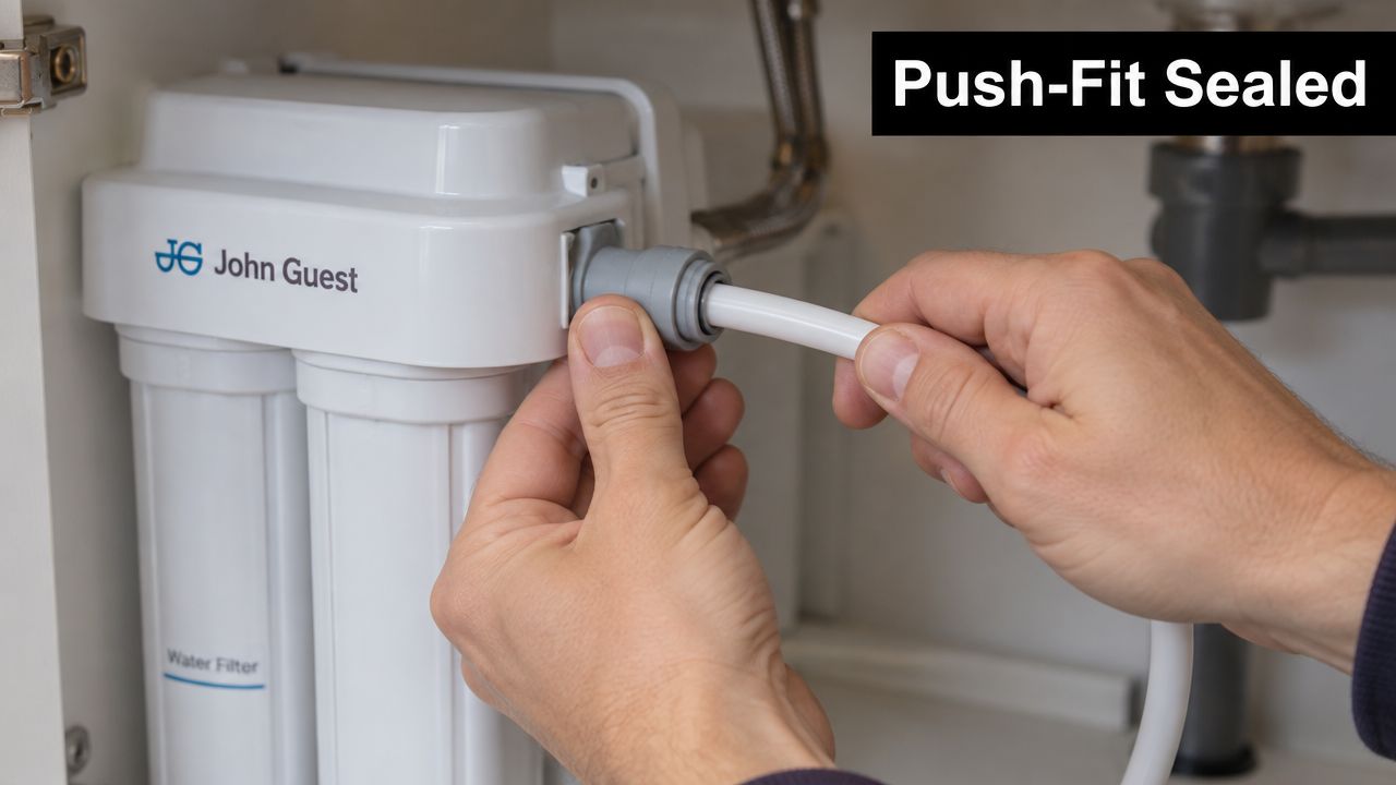 A person is installing a white plastic water tube into a John Guest push-fit water filter fitting.
