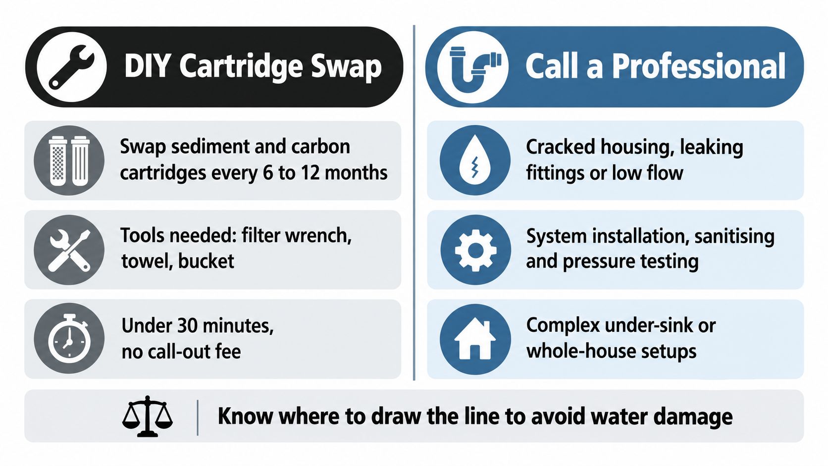 An infographic comparing DIY water filter cartridge replacement against when to hire a professional plumber for repairs.