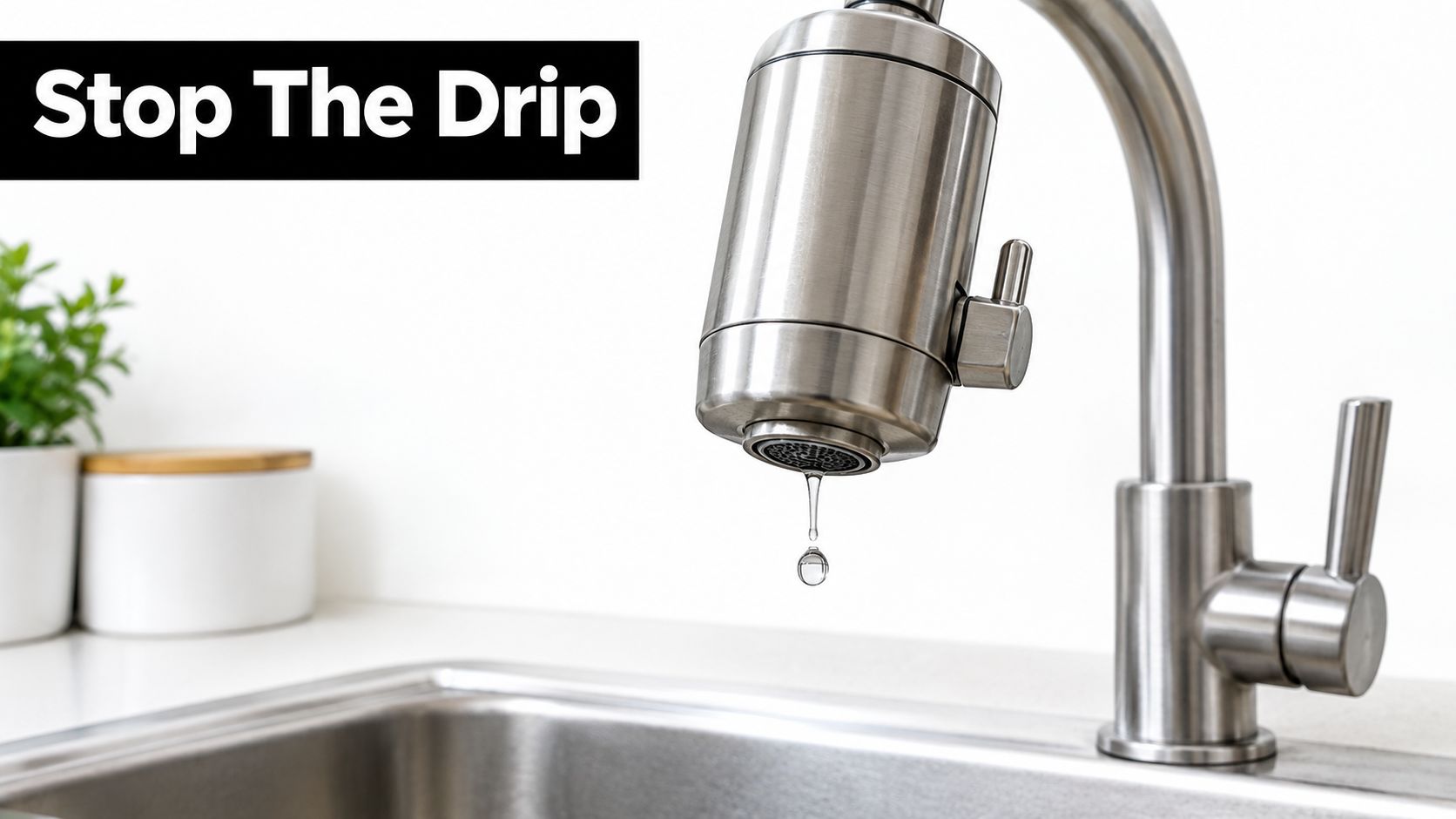 A stainless steel kitchen faucet with a water filtration attachment leaking a single drop of water.