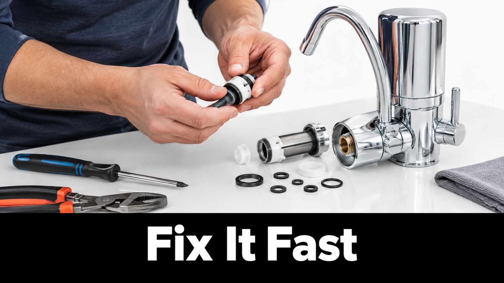 A person disassembling a chrome water filter tap to perform maintenance or repair on a white surface.