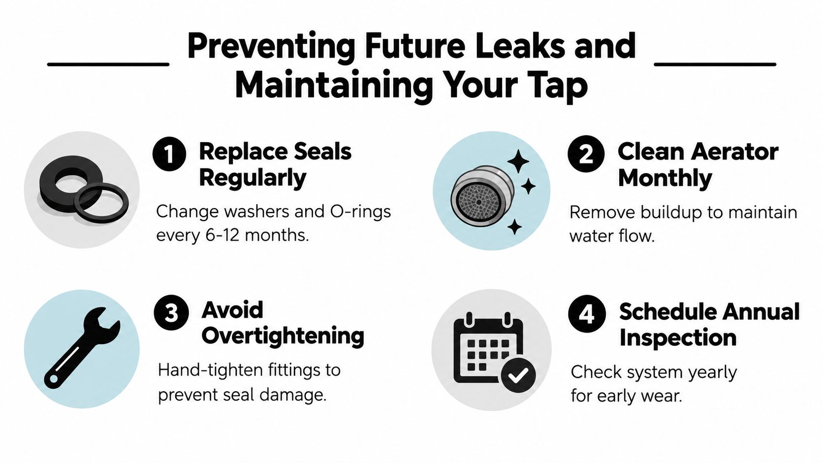 An infographic titled Preventing Future Leaks and Maintaining Your Tap, listing four maintenance tips with descriptive icons.