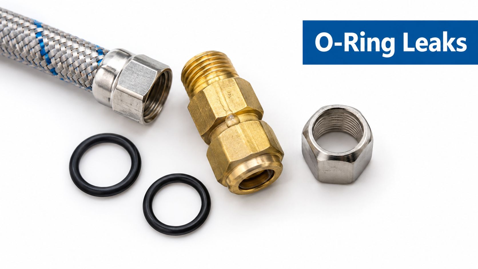 Disassembled plumbing components including a braided metal hose, a brass fitting, a nut, and two black O-rings.