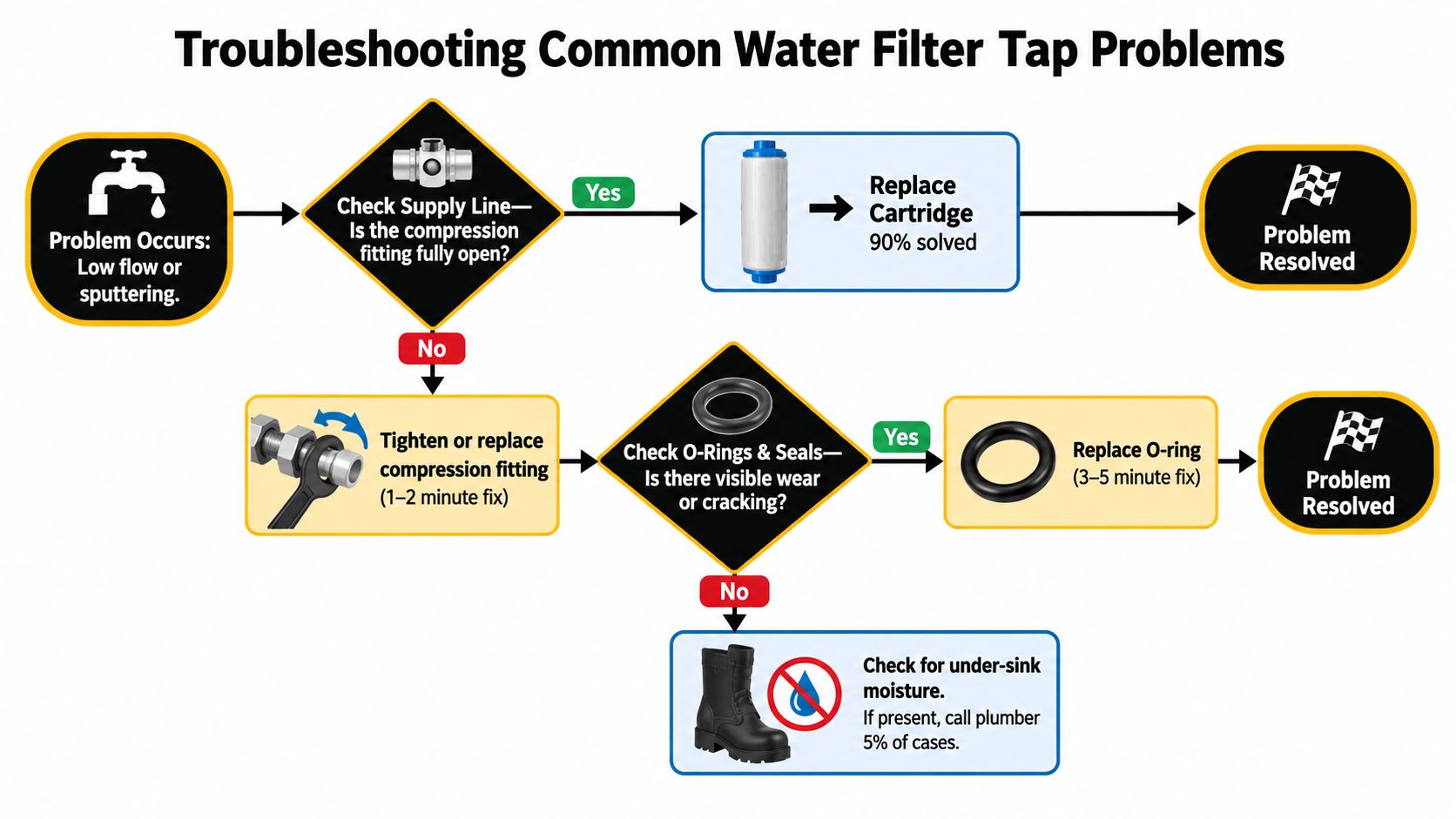 A flowchart diagram demonstrating steps to troubleshoot common issues like low flow in water filter taps.