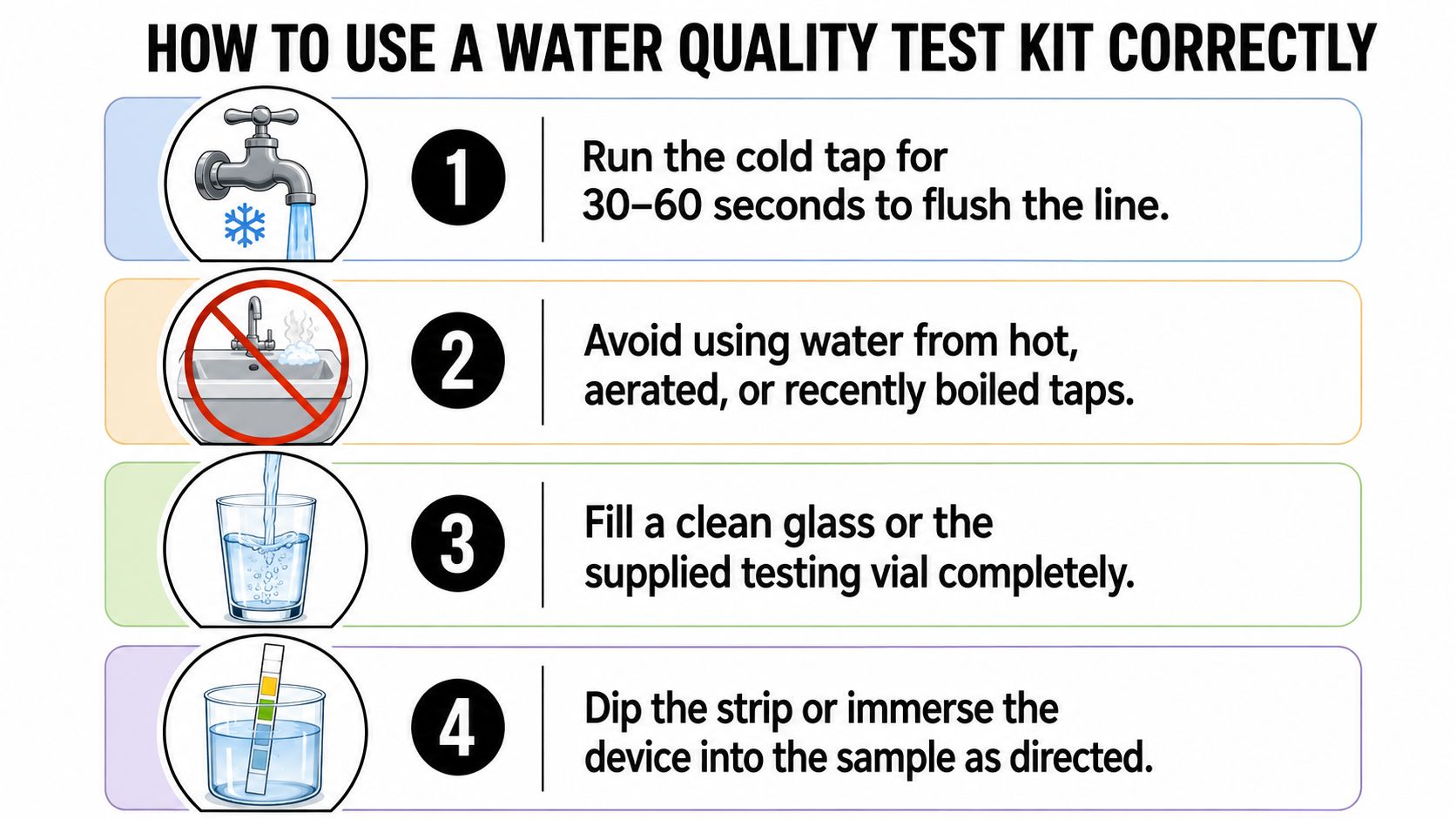 A step-by-step instructional infographic showing how to properly use a home water quality test kit.
