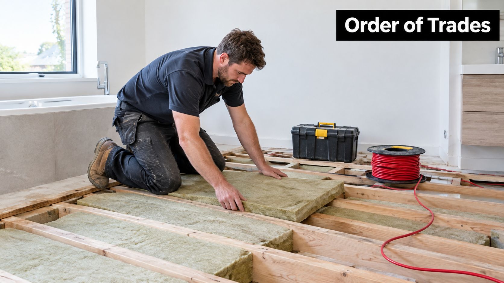 A construction worker installing insulation panels between wooden joists for underfloor heating in a bathroom.