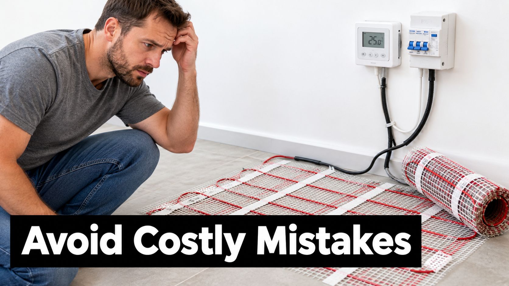 A concerned man looking at an underfloor heating mat installation before tiling for his bathroom floor heating project.