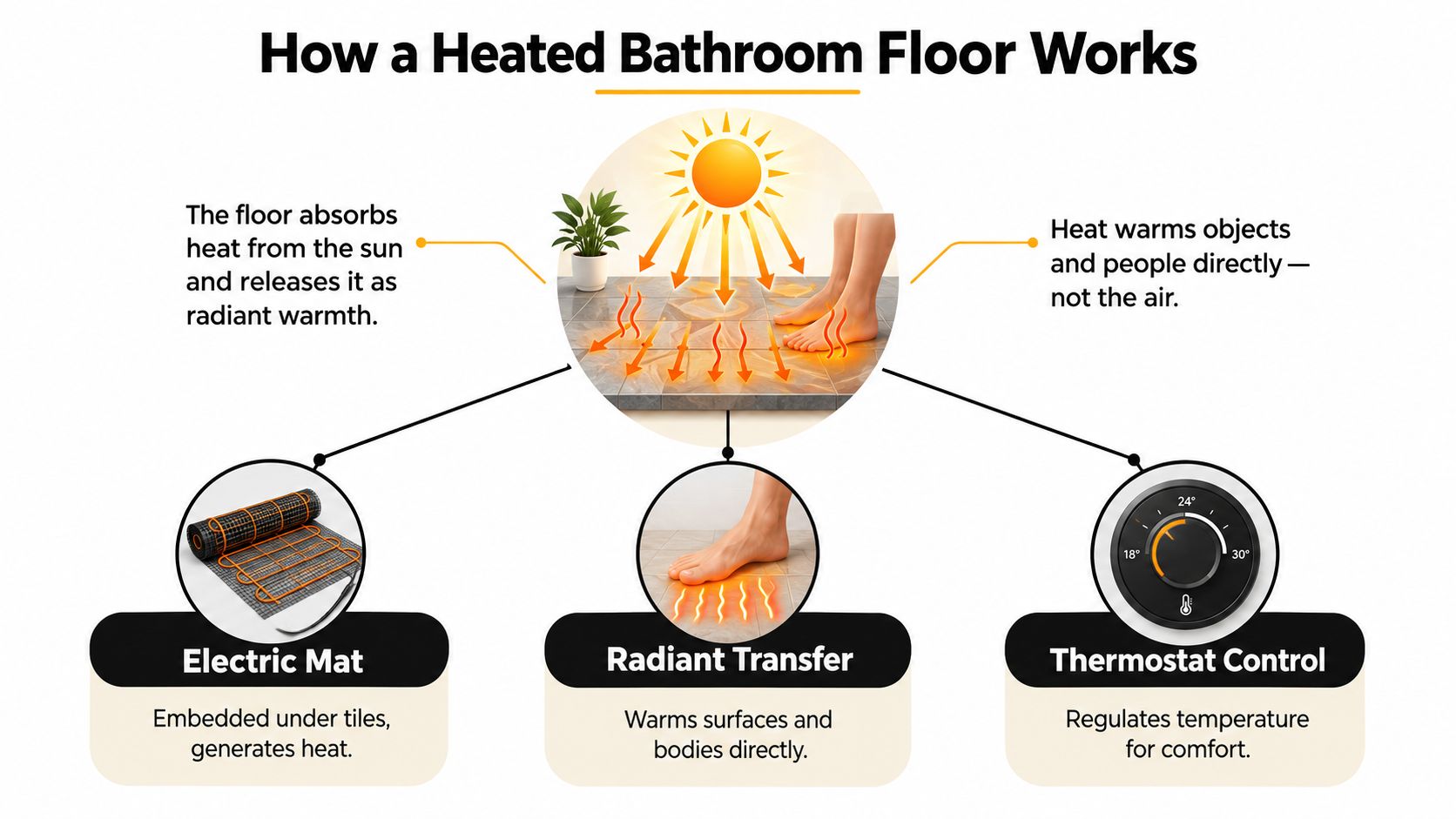 A diagram explaining how bathroom floor heating works, showing the electric mat, radiant transfer, and thermostat control.