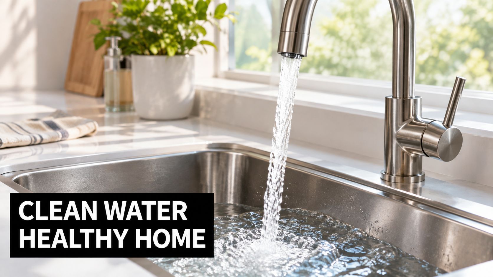 A stainless steel kitchen faucet with water flowing into a sink, symbolizing clean water and home health.