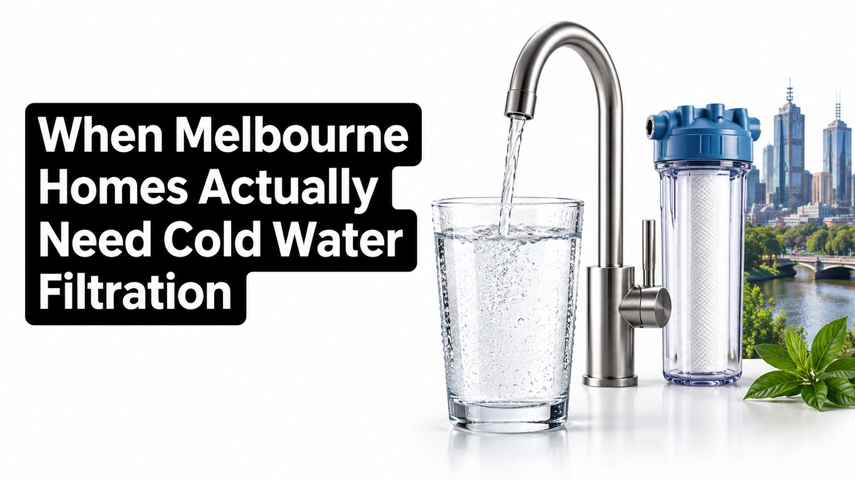 A glass of clean water being poured from a modern faucet next to a water filtration system.