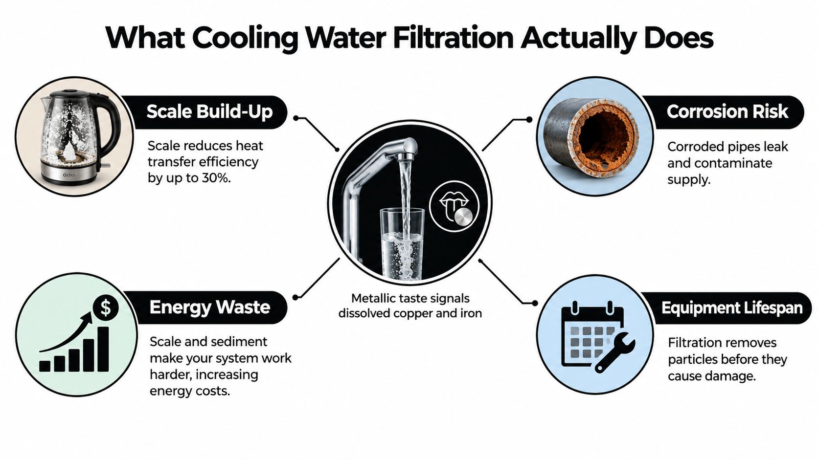 An infographic showing the four key benefits of using cooling water filtration systems in industrial pipes.