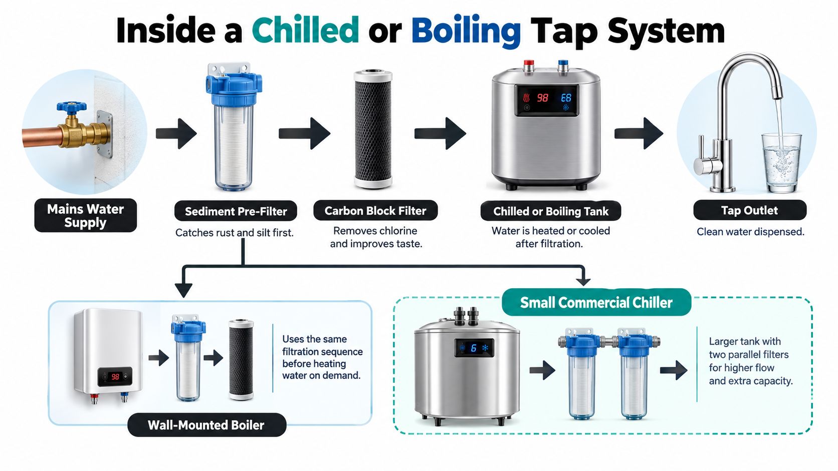 A diagram illustrating the components of a residential and commercial chilled or boiling tap water filtration system.