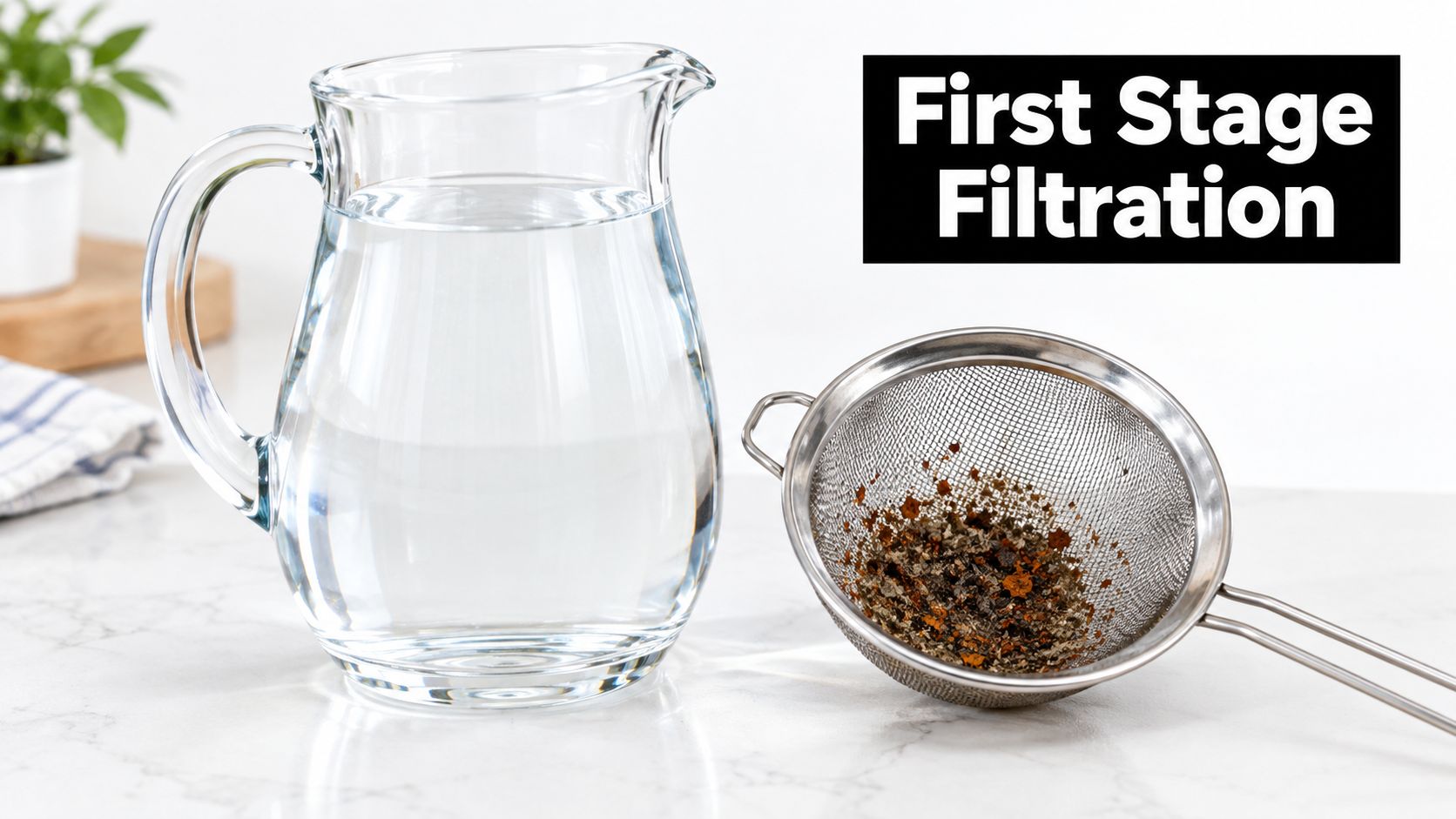 A clear glass pitcher of water next to a metal strainer containing various solid debris particles.