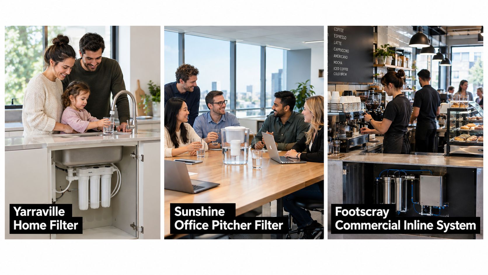 Three panels showing diverse applications of drinking water filtration systems in a home, office, and commercial cafe.
