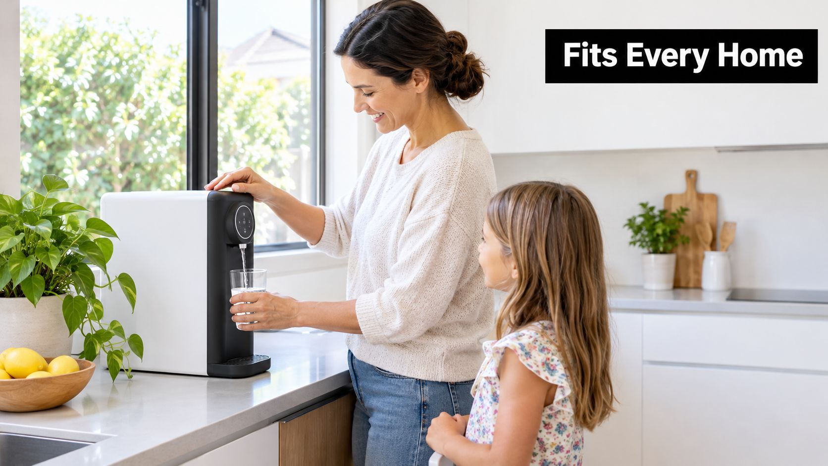 A woman and her young daughter using a modern white filtered water cooler in a kitchen