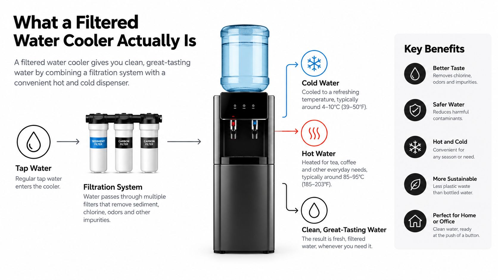 A diagram explaining how a filtered water cooler works by purifying tap water for hot and cold dispensing.