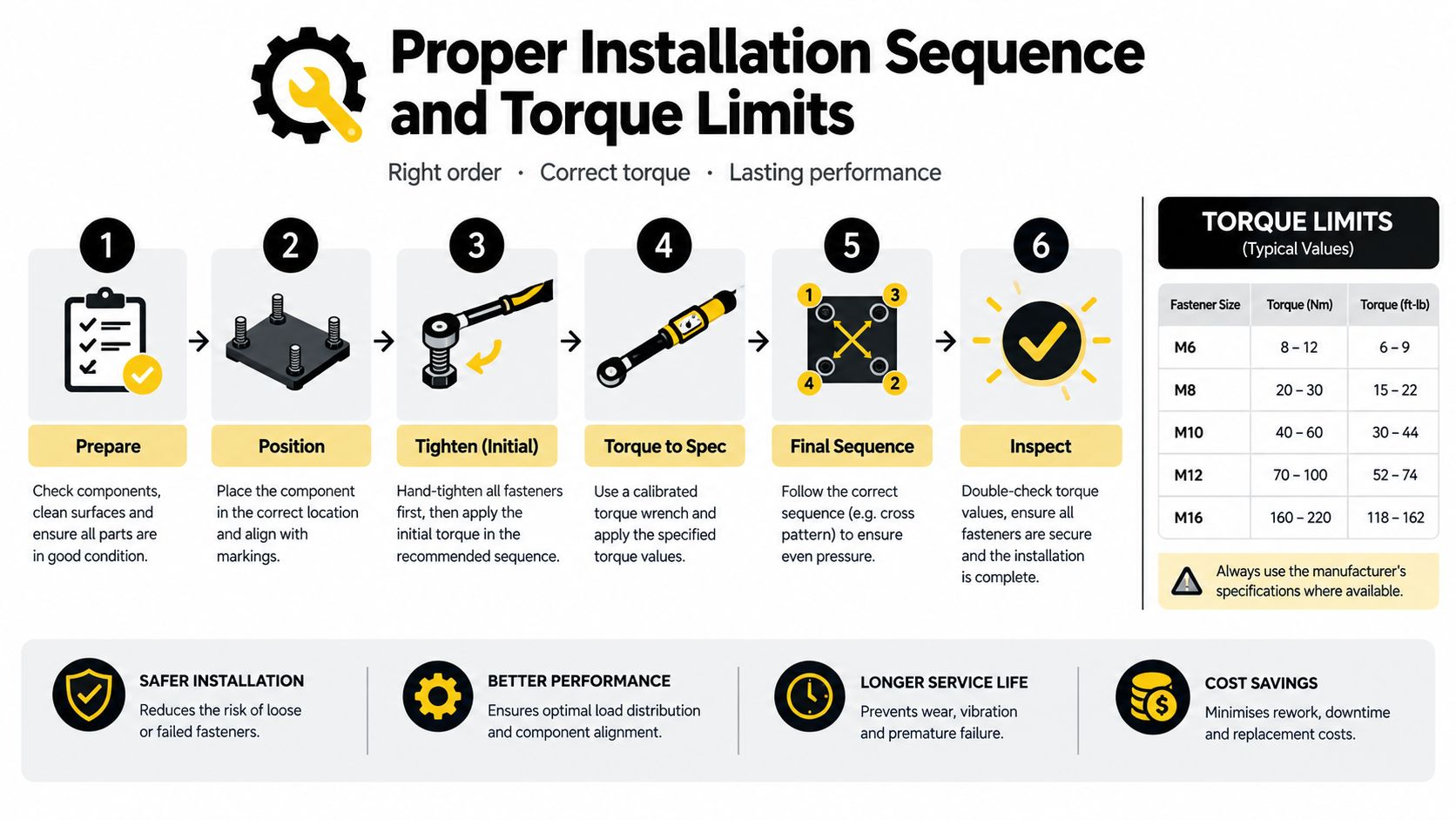 An infographic showing a six-step process for proper fastener installation with a reference table for torque limits.