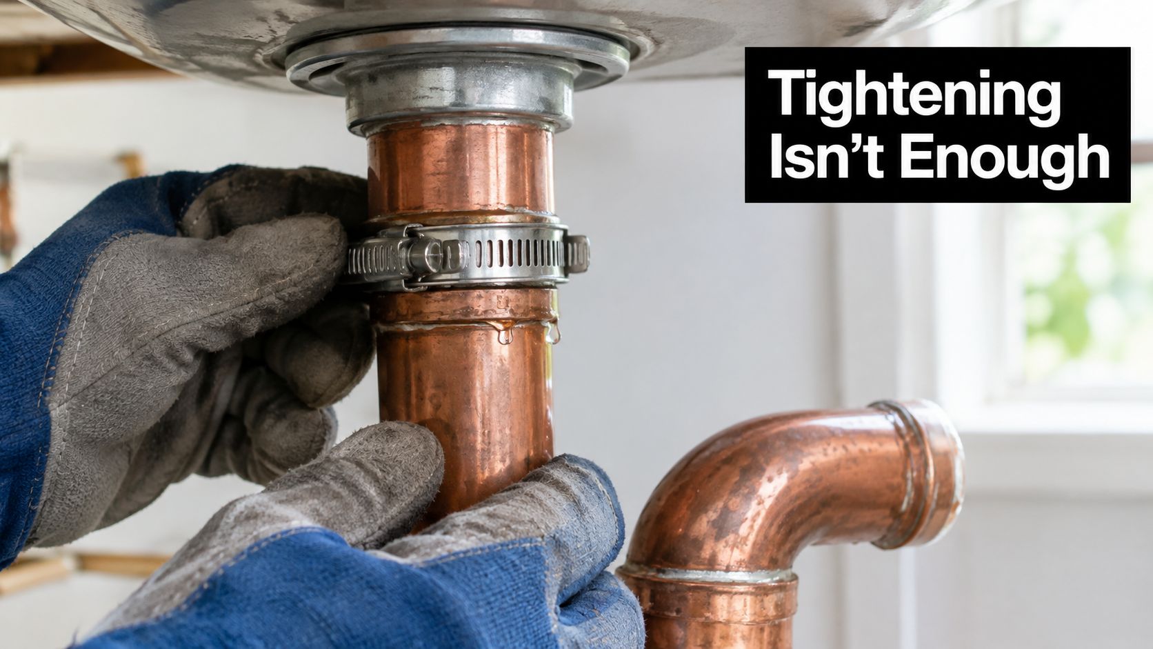 A gloved hand tightens a metal hose clamp on a leaking copper pipe connection under a sink.