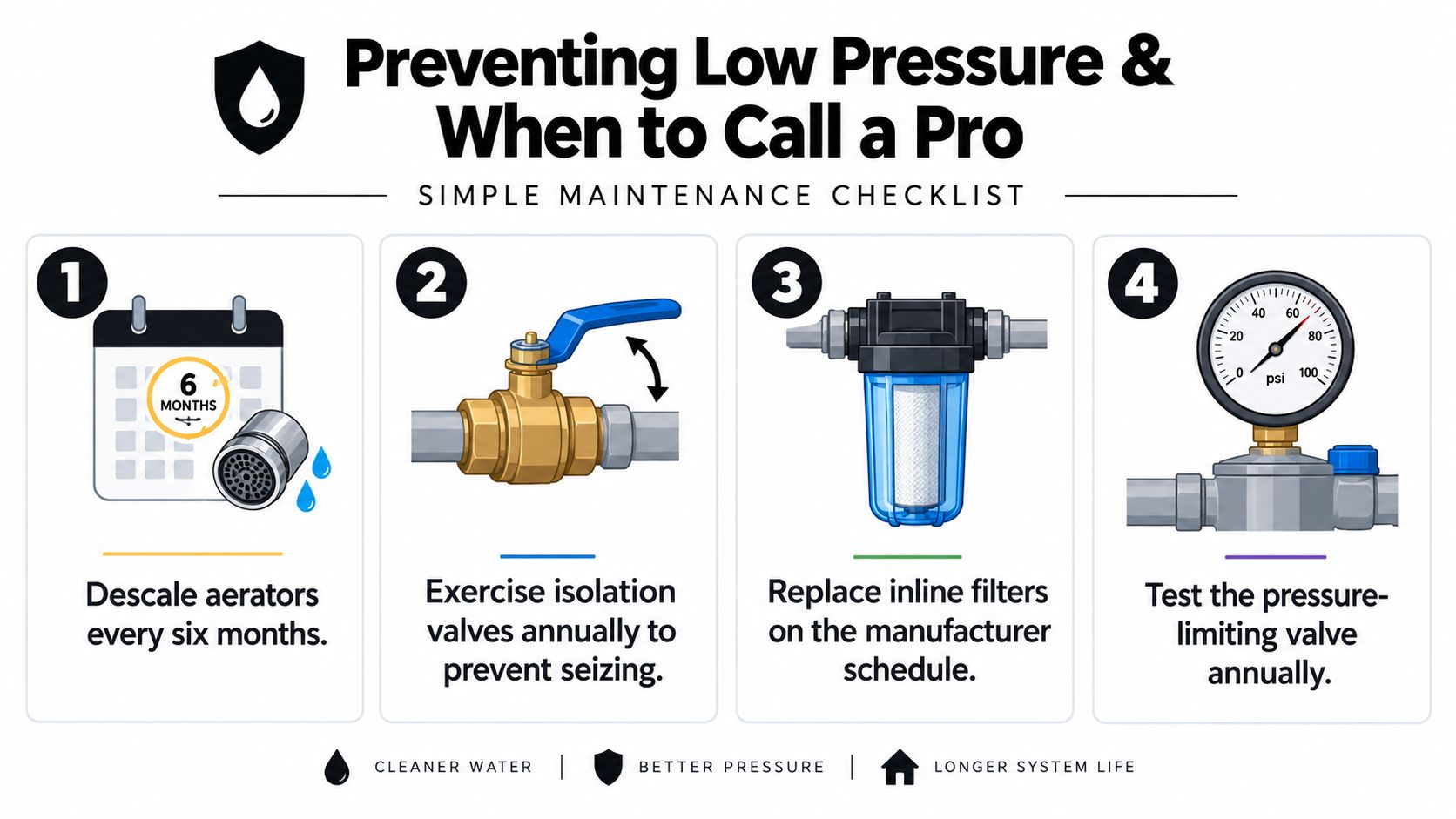 A maintenance checklist infographic titled Preventing Low Pressure and When to Call a Pro with four steps.