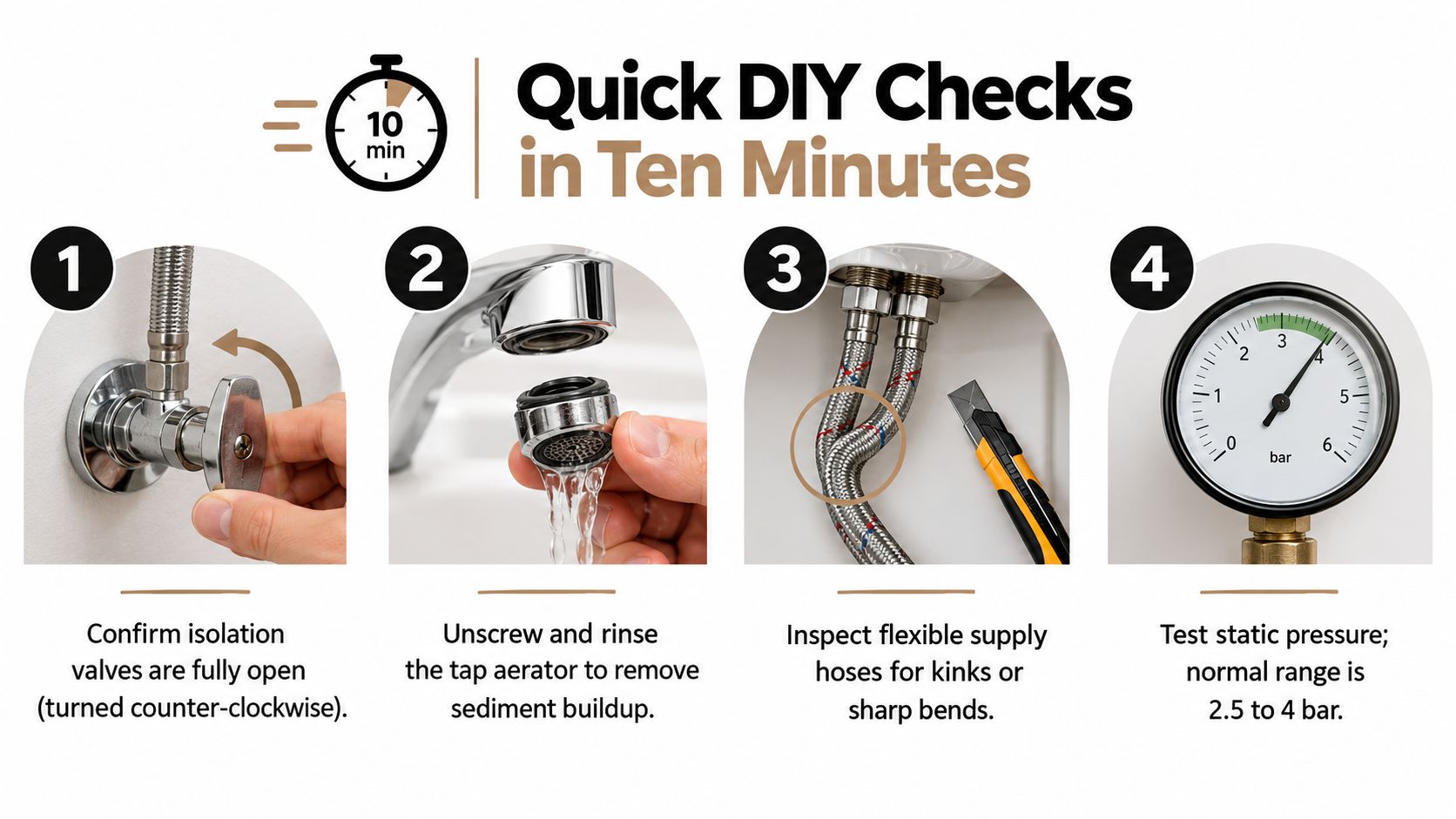 A four-step infographic illustrating quick DIY checks for troubleshooting low water pressure from a faucet.