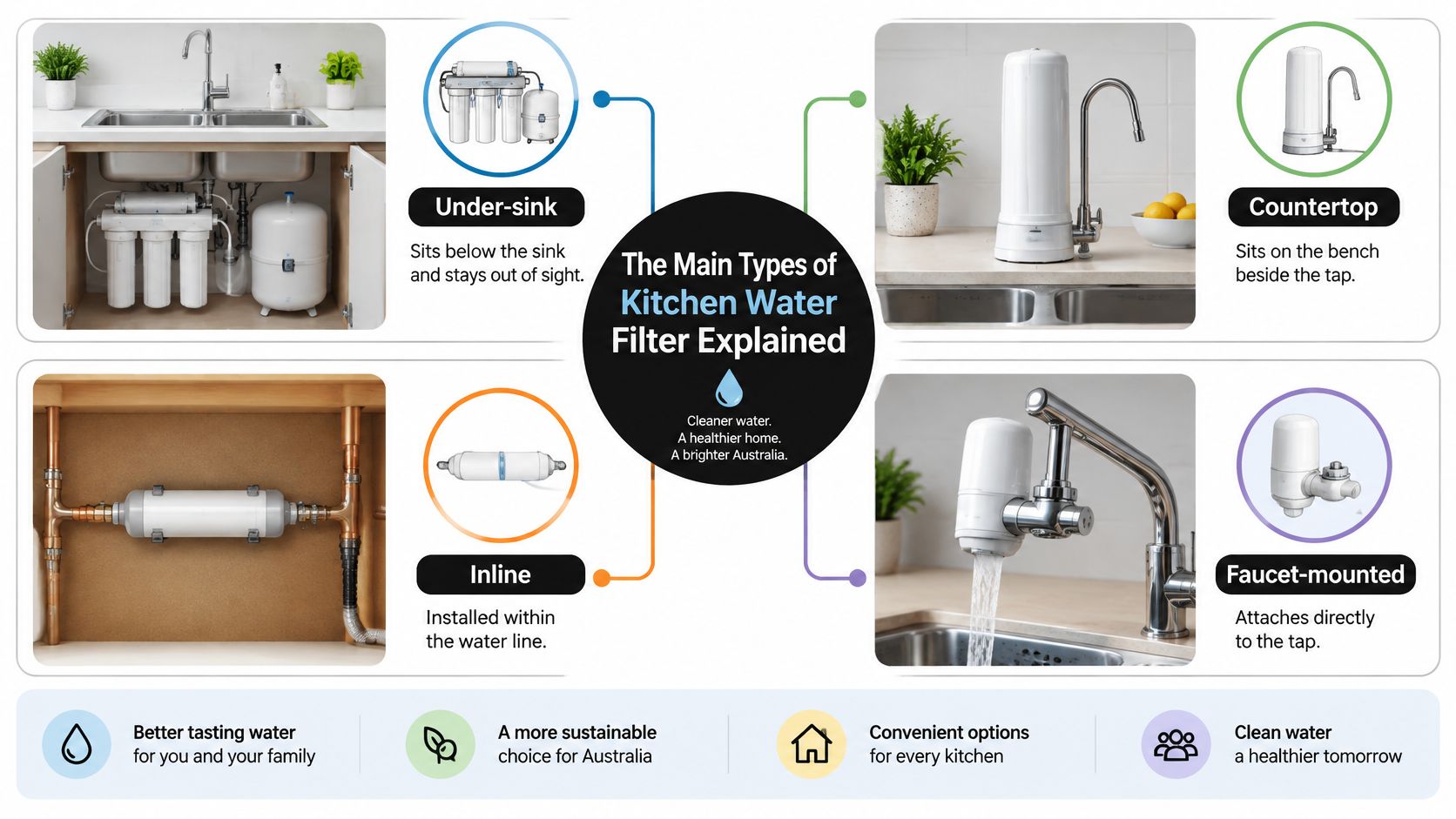 An infographic showing four common types of kitchen water filters with brief descriptions and installation locations.