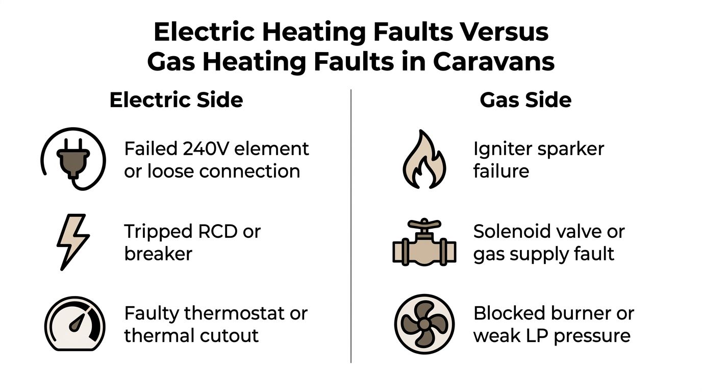 A comparison chart outlining common electrical and gas heating faults for caravan water heater systems.