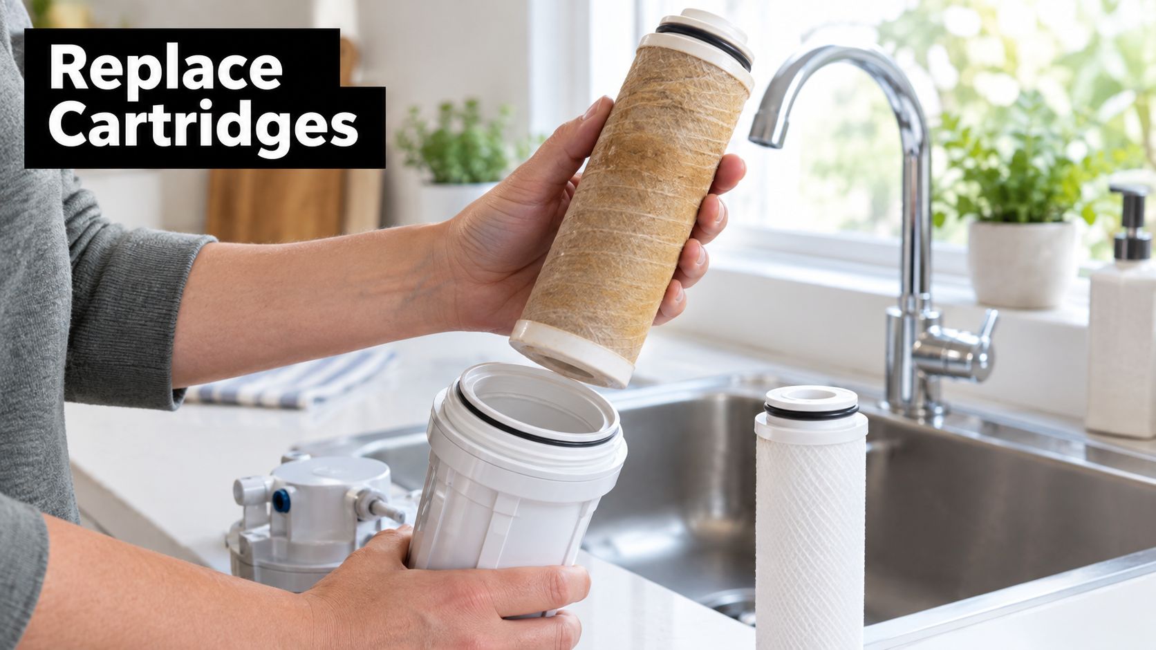 A person holding an old, dirty water filter cartridge while preparing to install a new clean one.