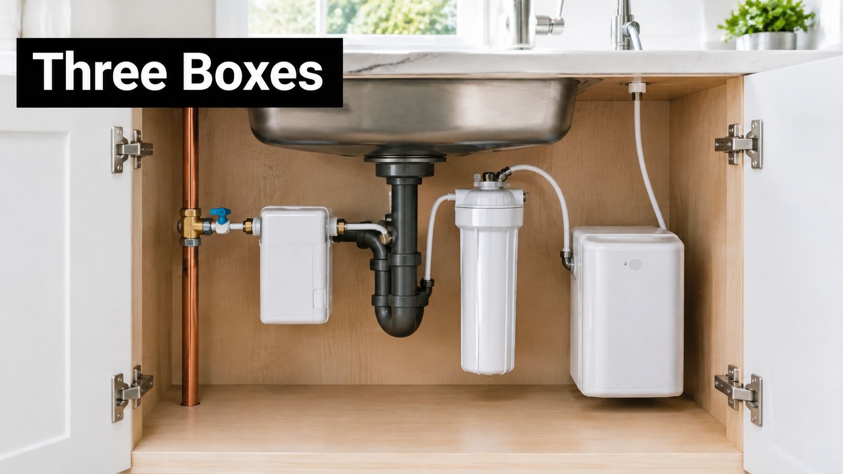 A water purification system installed under a kitchen sink with visible white filtration units and piping.