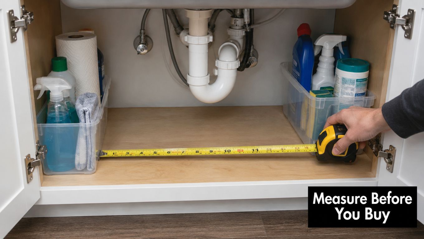 A person uses a tape measure to check the interior dimensions of an empty under-sink kitchen cabinet.