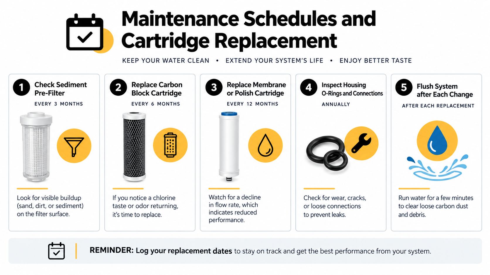 An infographic detailing the maintenance and cartridge replacement schedule for an under bench water filter system.