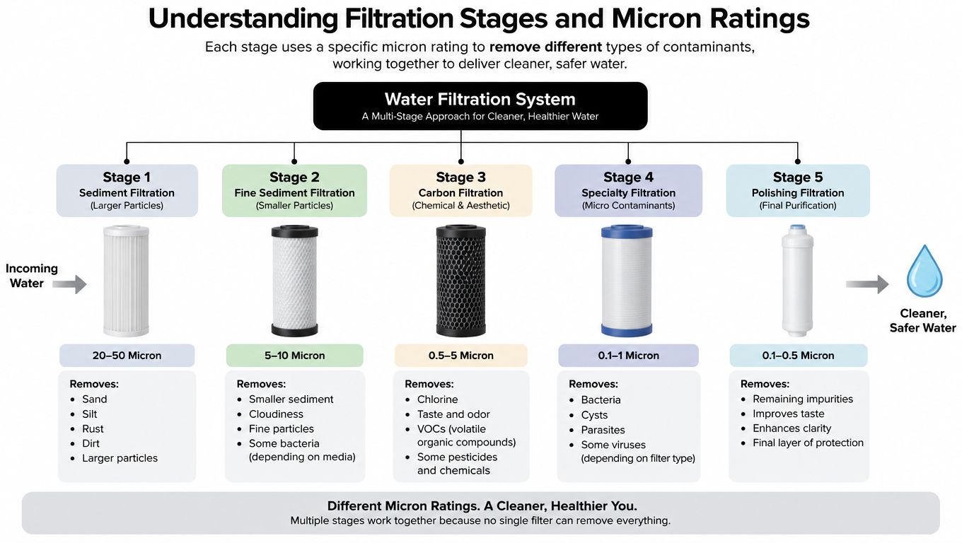 A diagram illustrating a five-stage water filtration system, showing the micron ratings and contaminants removed at each step.