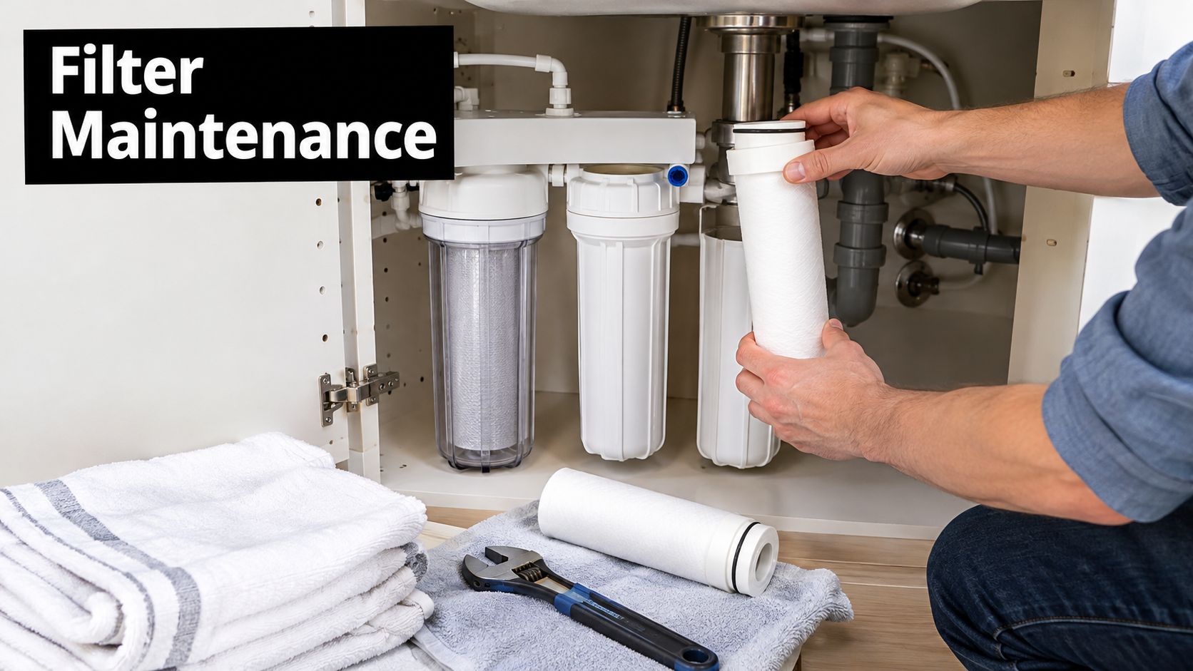 A person changing a cartridge in an under sink water filter system using a wrench and towel.