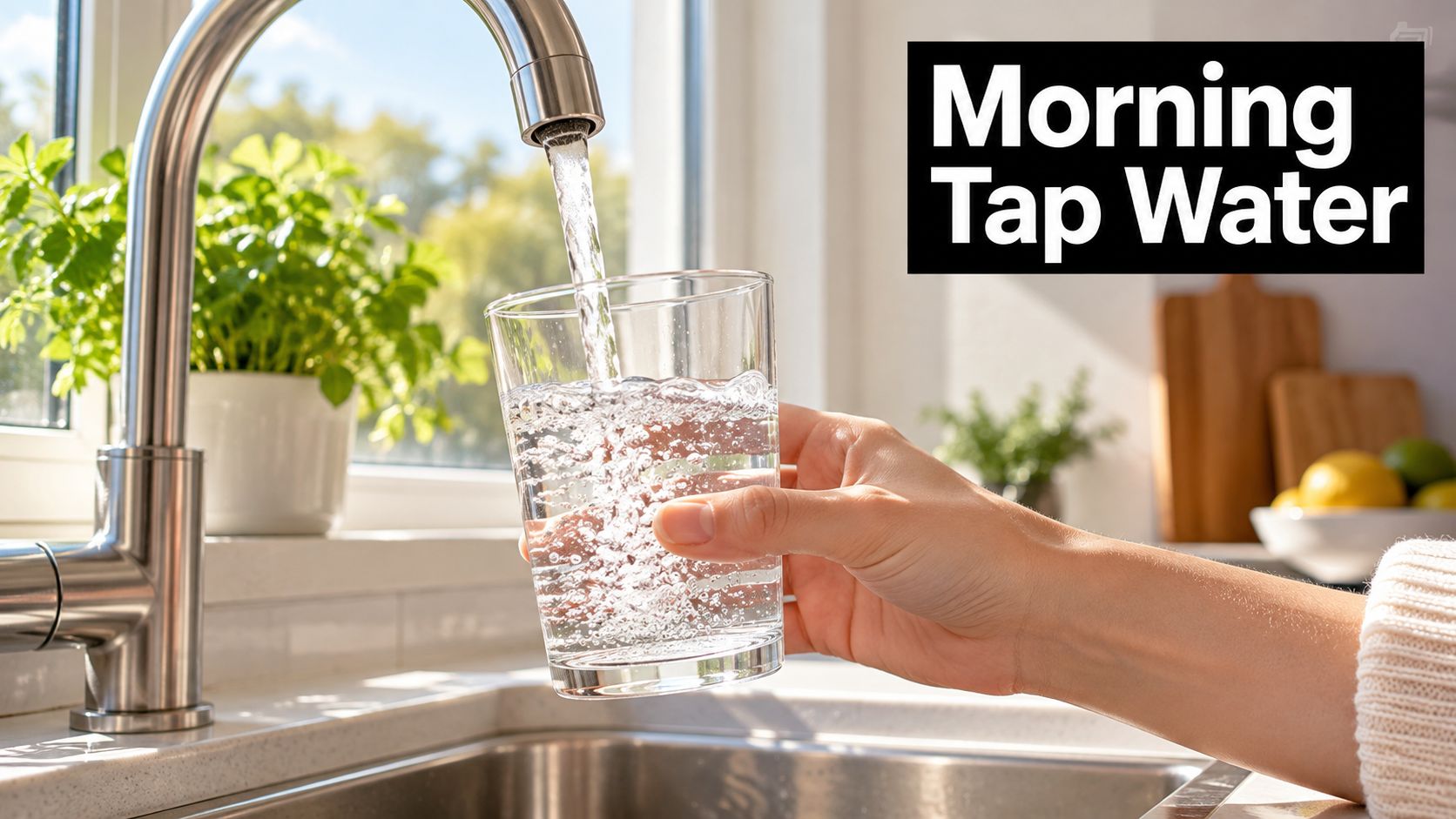 A hand holding a clear glass being filled with fresh tap water in a bright kitchen.