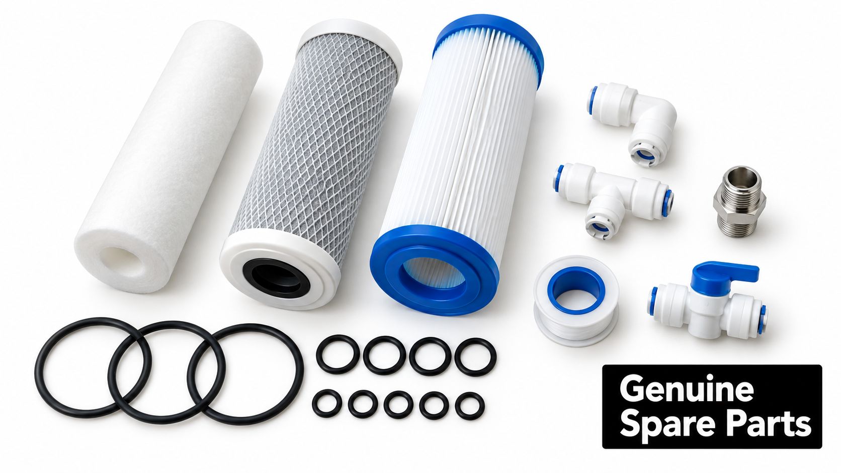 A collection of replacement water filter cartridges, O-rings, plumbing fittings, and a small ball valve.