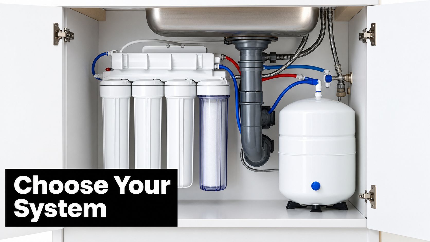 A reverse osmosis under sink water filter system with storage tank installed inside a kitchen cabinet.