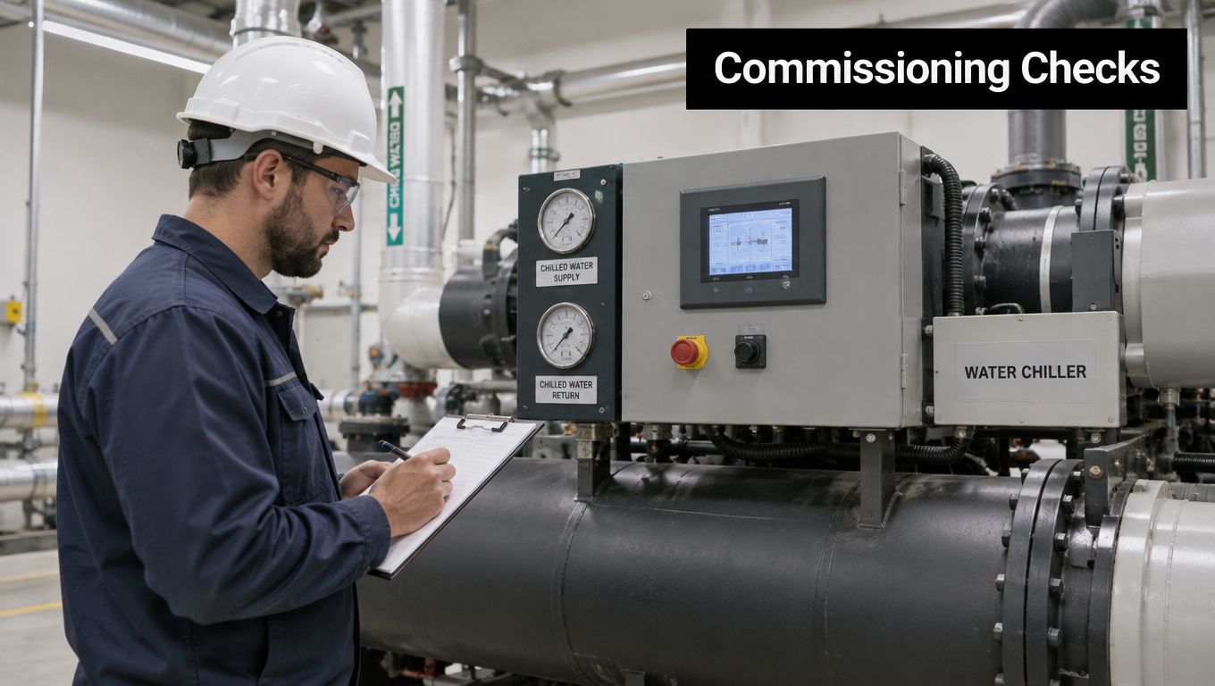 A technician wearing a hard hat and safety glasses checks a water chiller system with a clipboard.