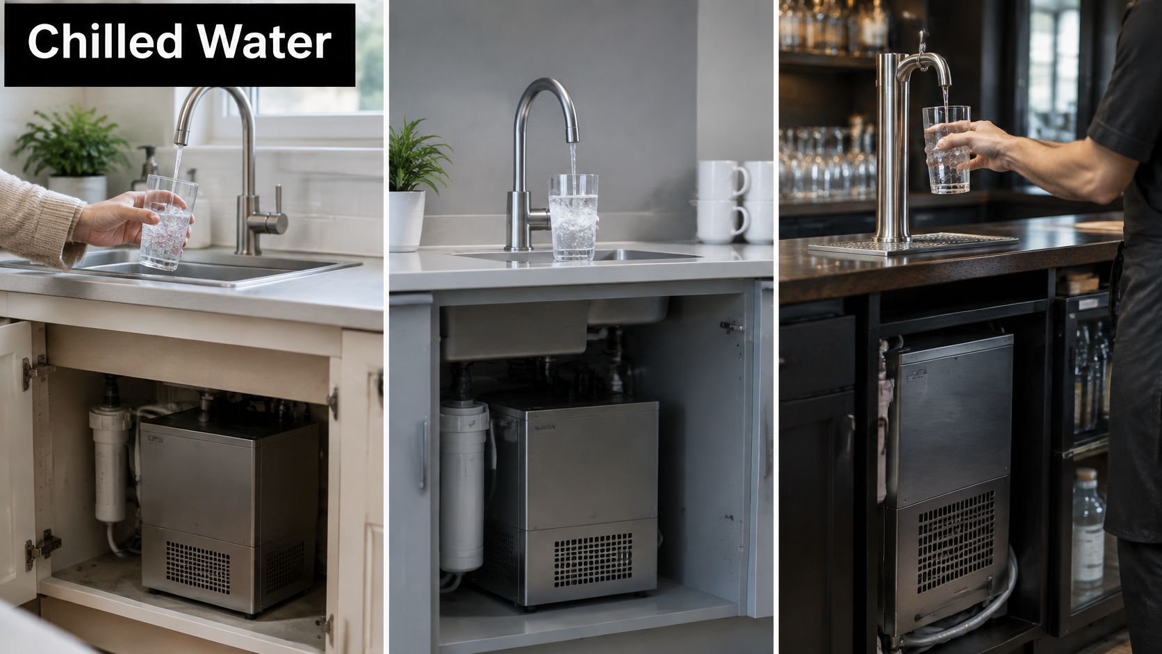 Three different kitchen setups showing a water chiller tank installed under a sink to provide chilled drinking water.