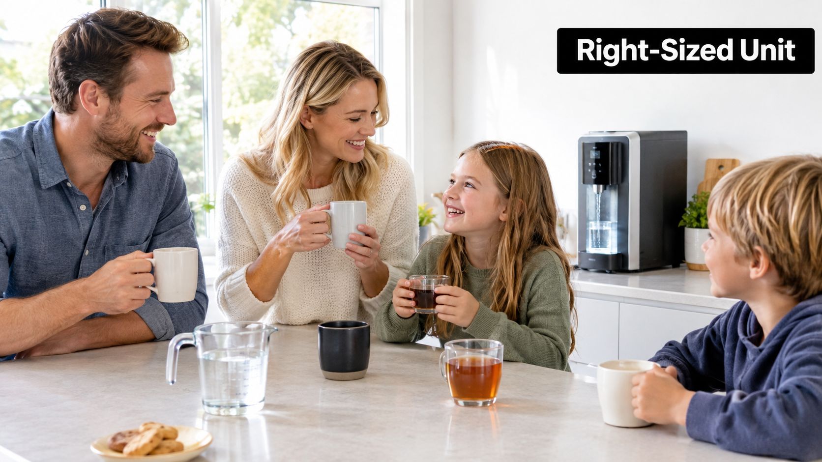 A happy family sitting around a table with drinks, next to a modern countertop water dispenser.