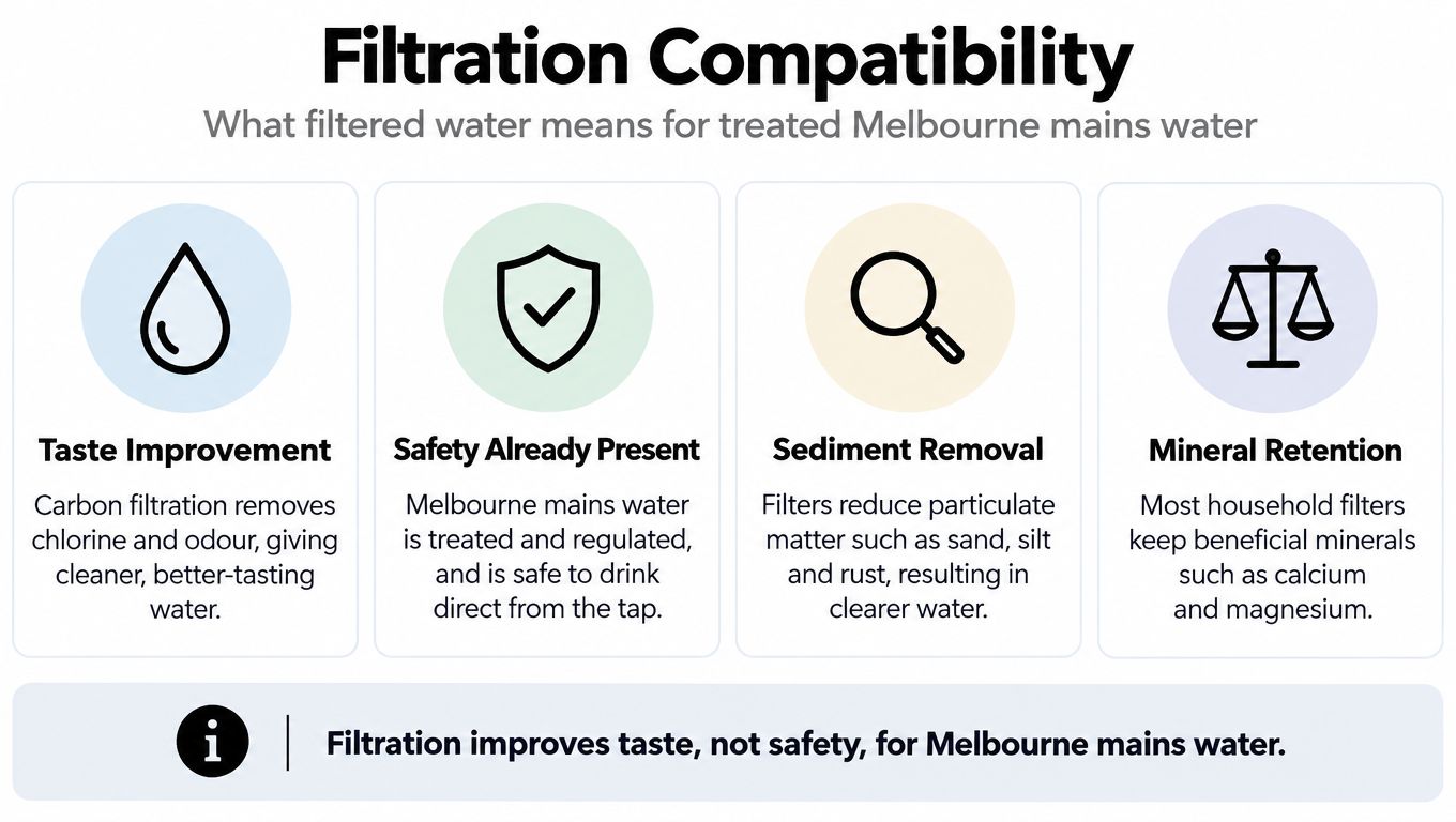 An infographic titled Filtration Compatibility explaining that water filters improve taste rather than safety for Melbourne mains water.