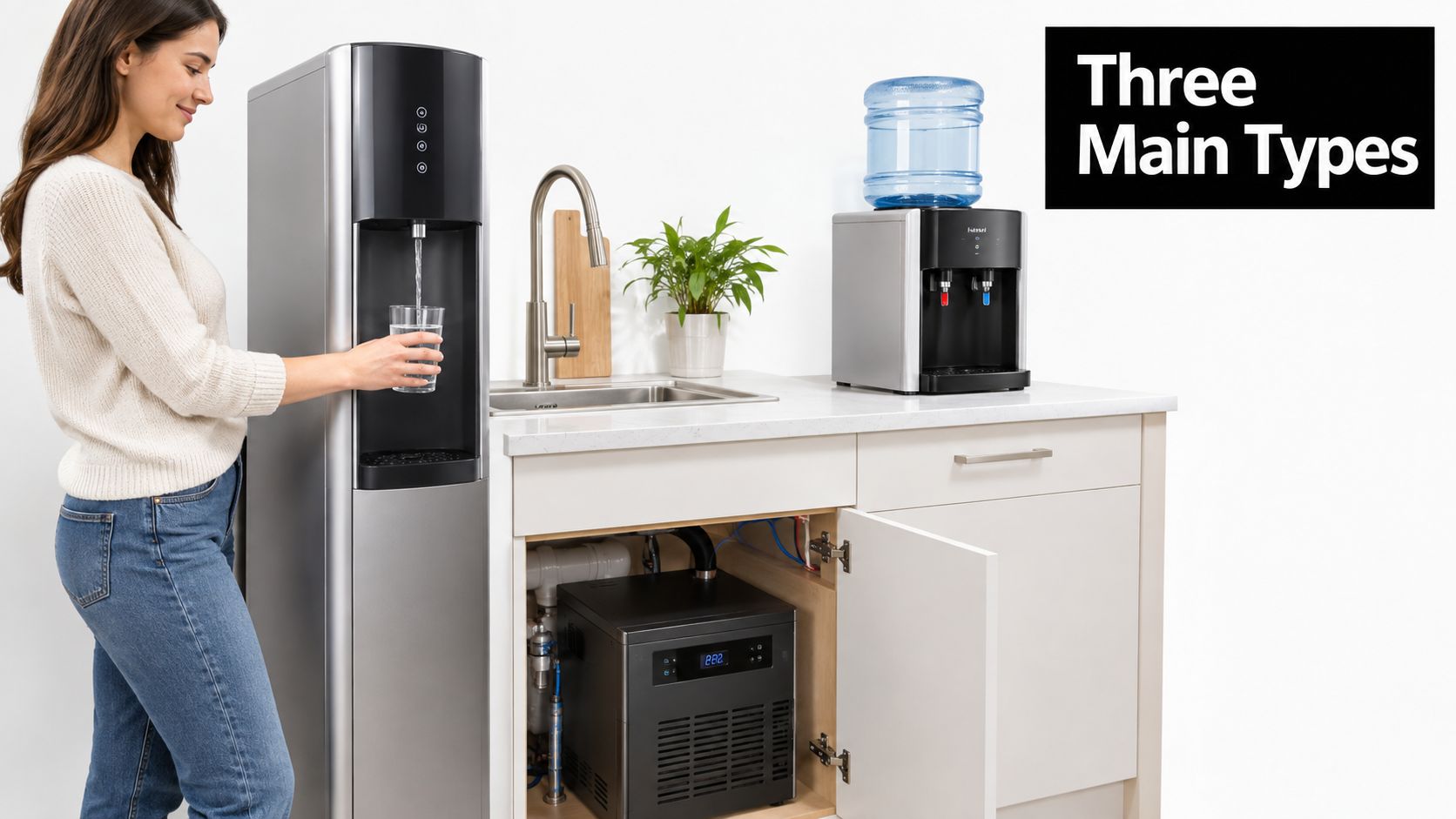 A woman filling a glass from a water filter cooler while other water dispenser types are visible.