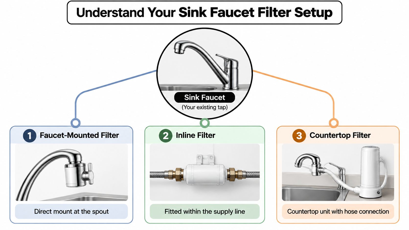 A diagram explaining three common types of water filter setups for a standard kitchen sink faucet.