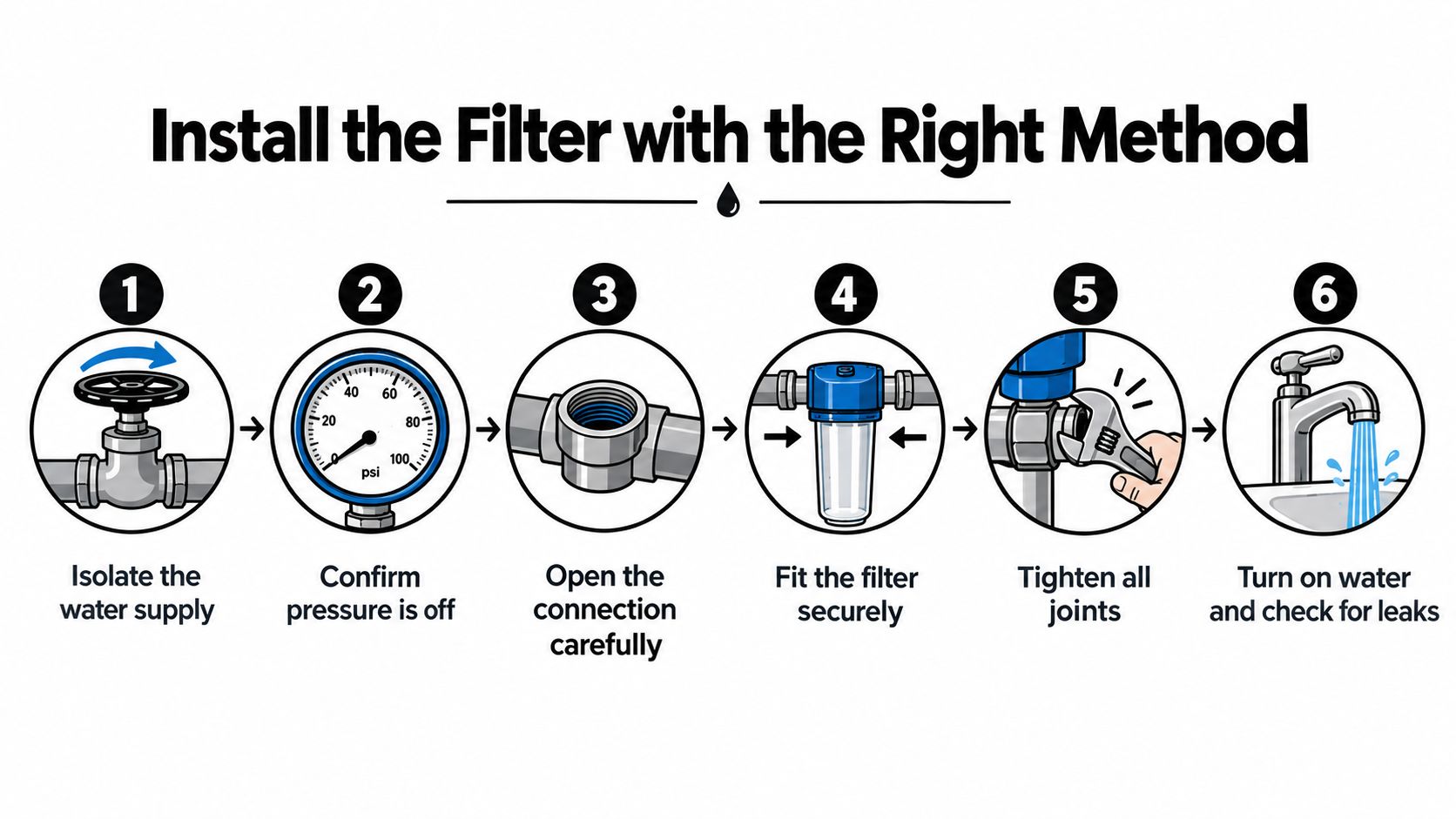 A six-step instructional infographic showing the process for installing a water filter for a sink faucet.