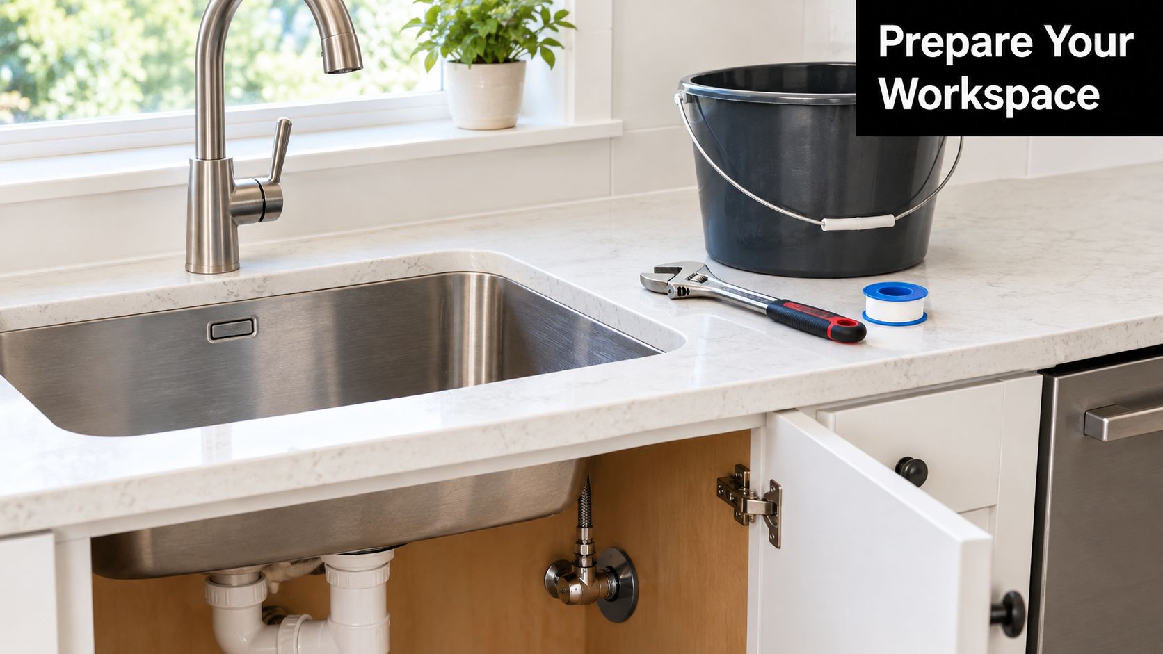 A clean kitchen sink countertop with a bucket, an adjustable wrench, and plumbing tape for repairs.